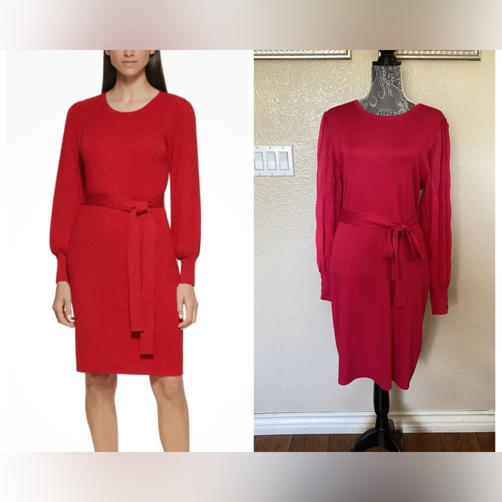 Calvin Klein Tie-Waist Sheer Sleeve Hot Pink Sweater Dress
